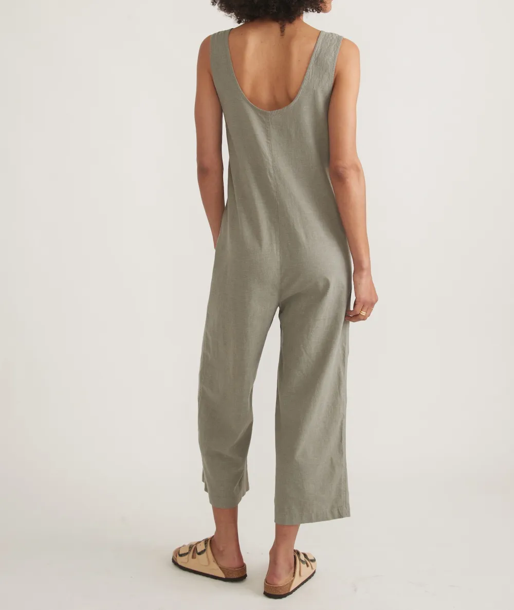 Button-Front Sleeveless Linen Jumpsuit