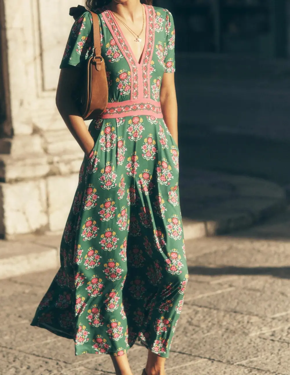 Green Floral Flutter - Sleeve Maxi Tea Dress