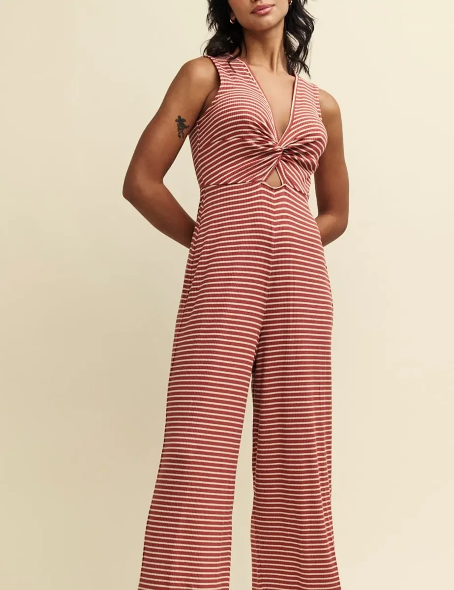 Brown Stripe Twist Front Jumpsuit