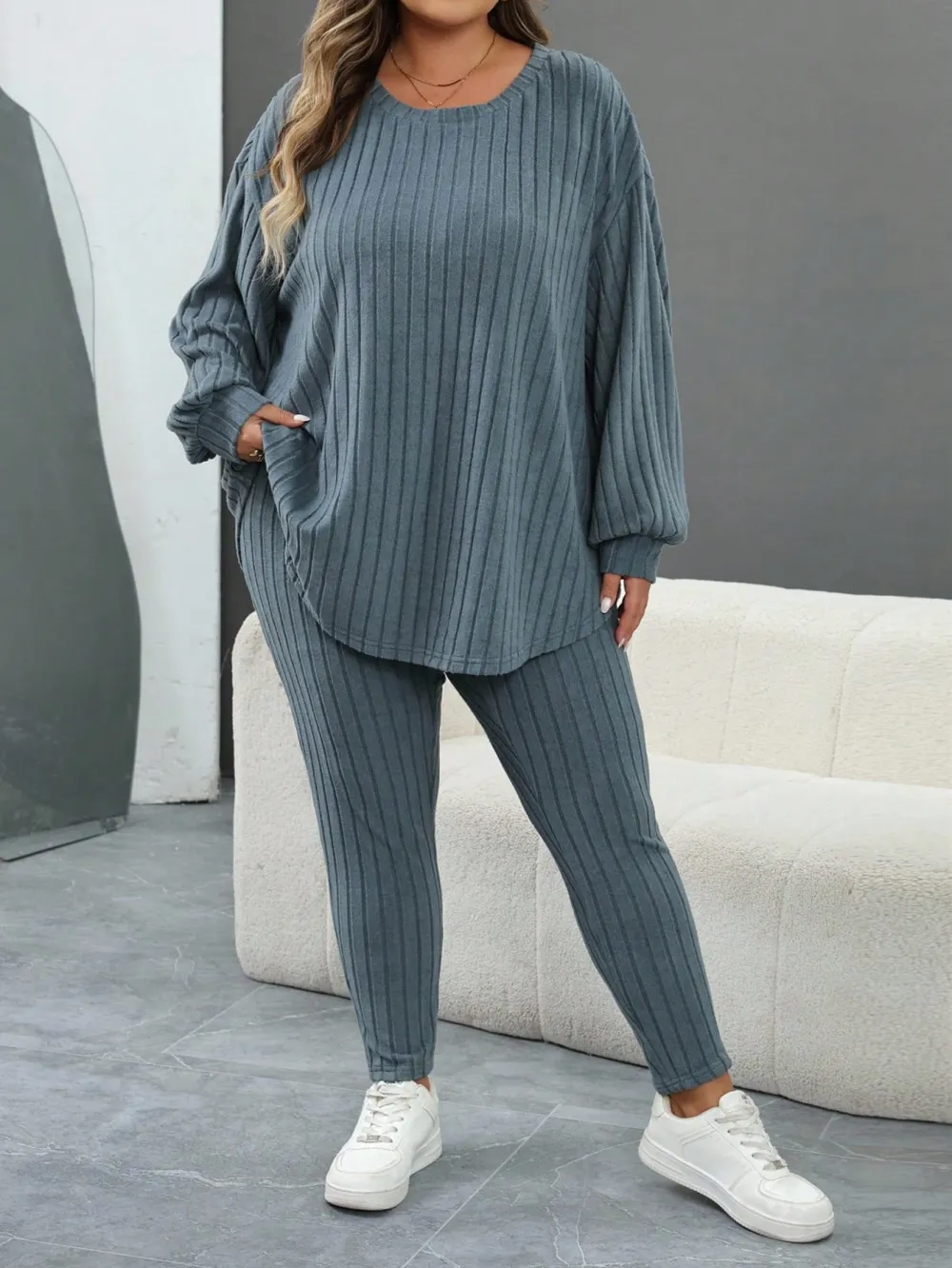 Plus Size Women's Autumn-Winter Ribbed 2pc Drop Shoulder Set