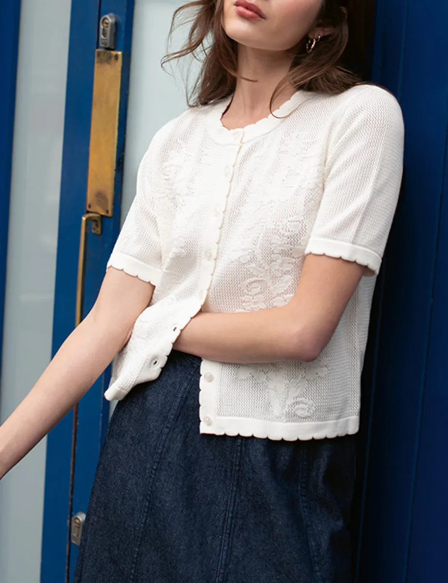 Cream Flower Stitch Knit Cardigan
