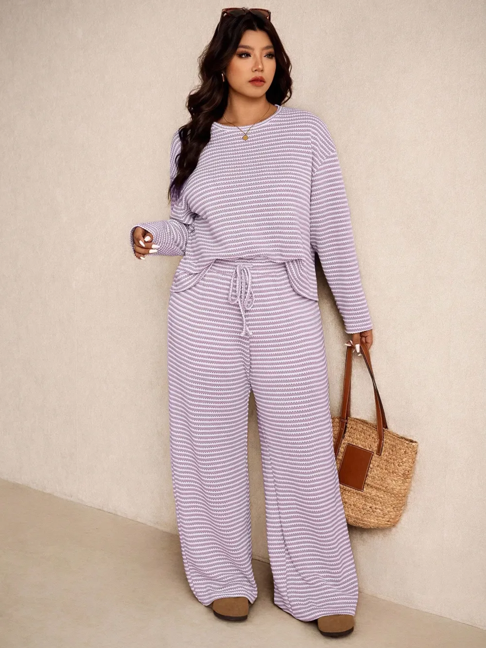 Women's Plus Size Loose Striped Long Sleeve 2pc Set
