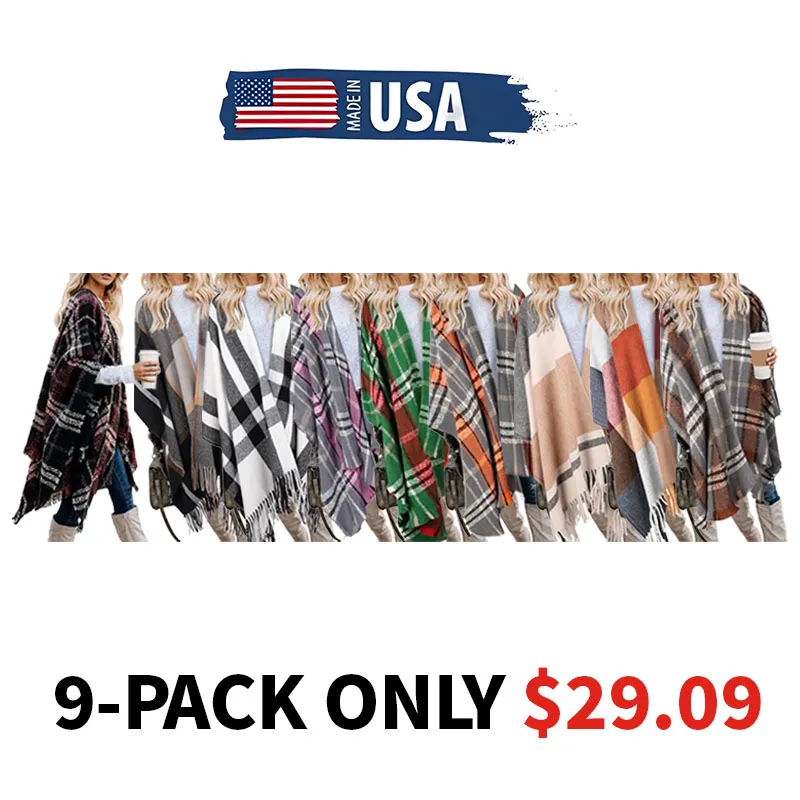 🎁Christmas Gifts🎁Women's Warm Plaid Poncho - Boho Open Front Shawl Wrap with Tassel