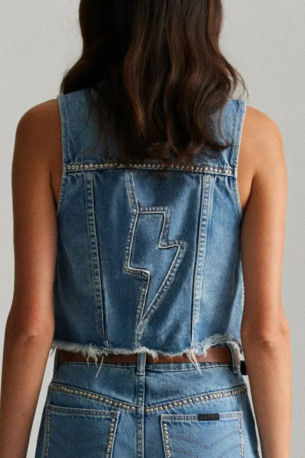 Blue Fashionable Frayed Denim Studs Tank Tops