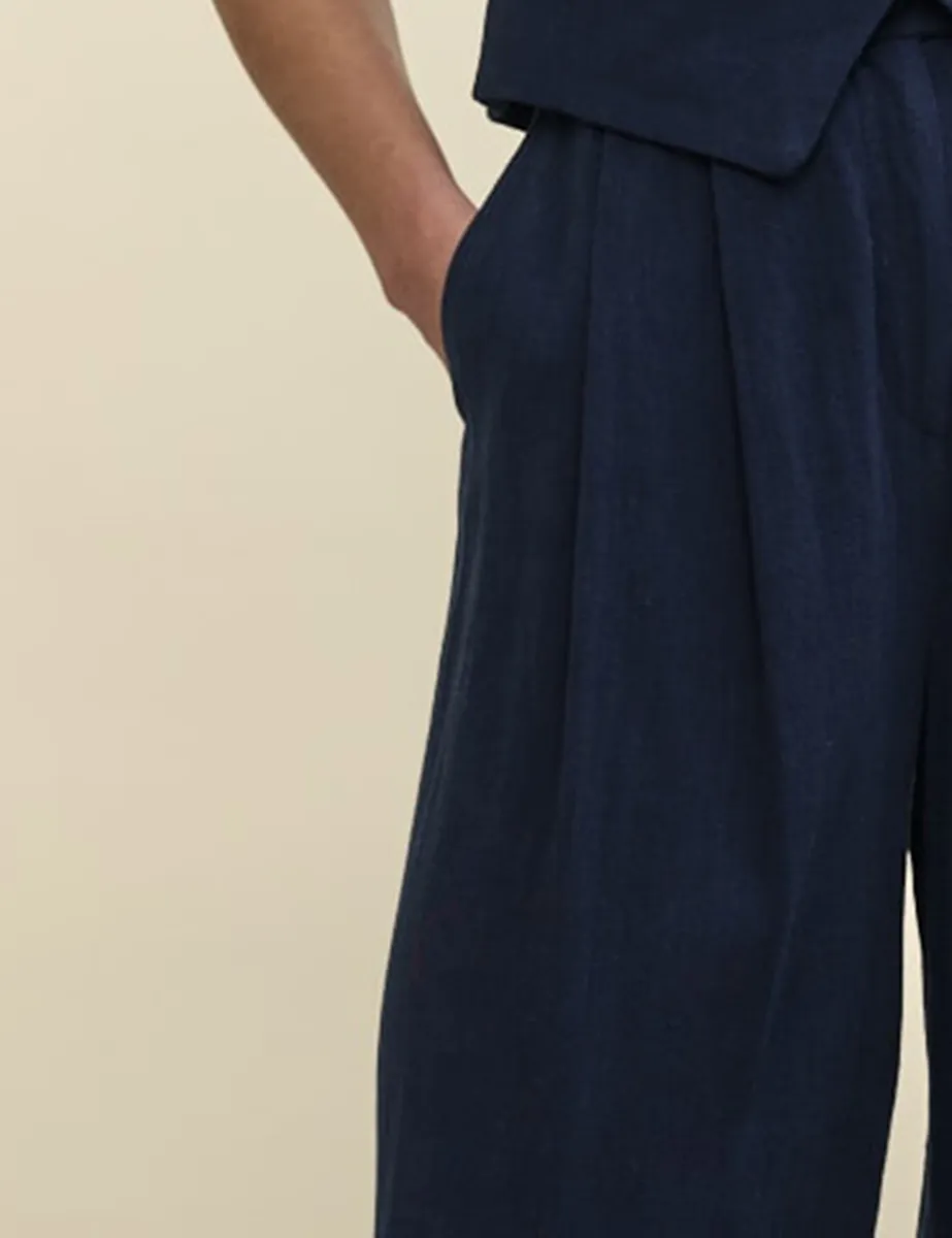 Navy Linen-blend Relaxed Tailored Trousers