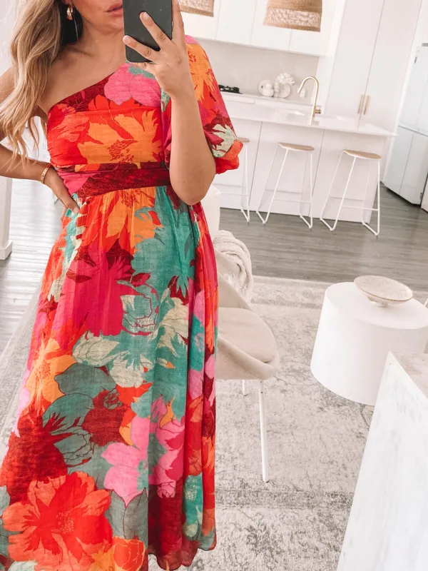 One Shoulder Neckline Pink Floral Dress