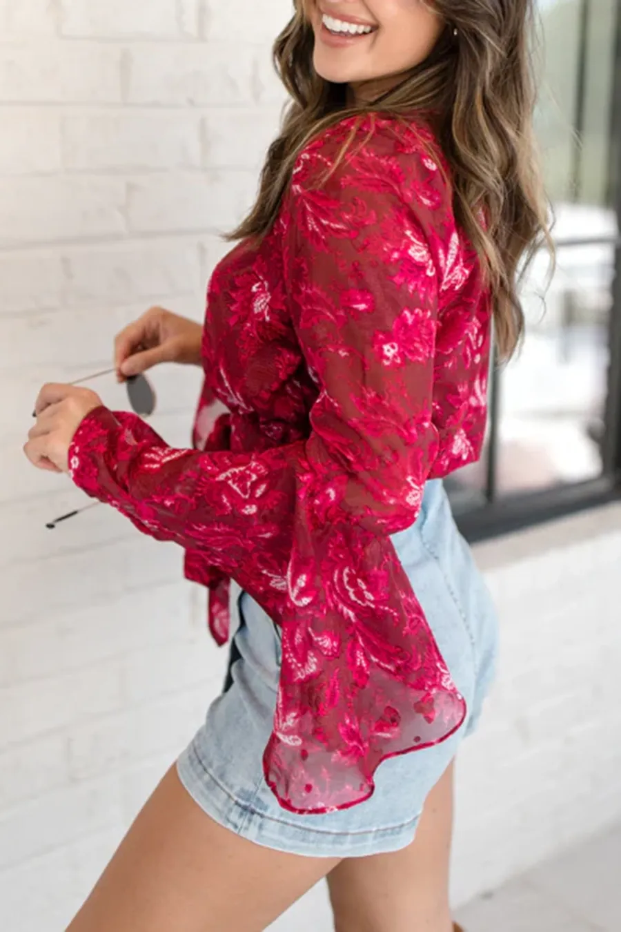 Berry Floral Bell Sleeve Tie Front Blouse