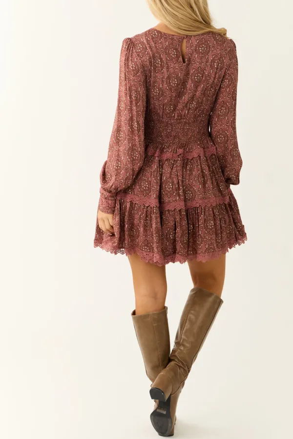 Print Lace Trim Mini Dress