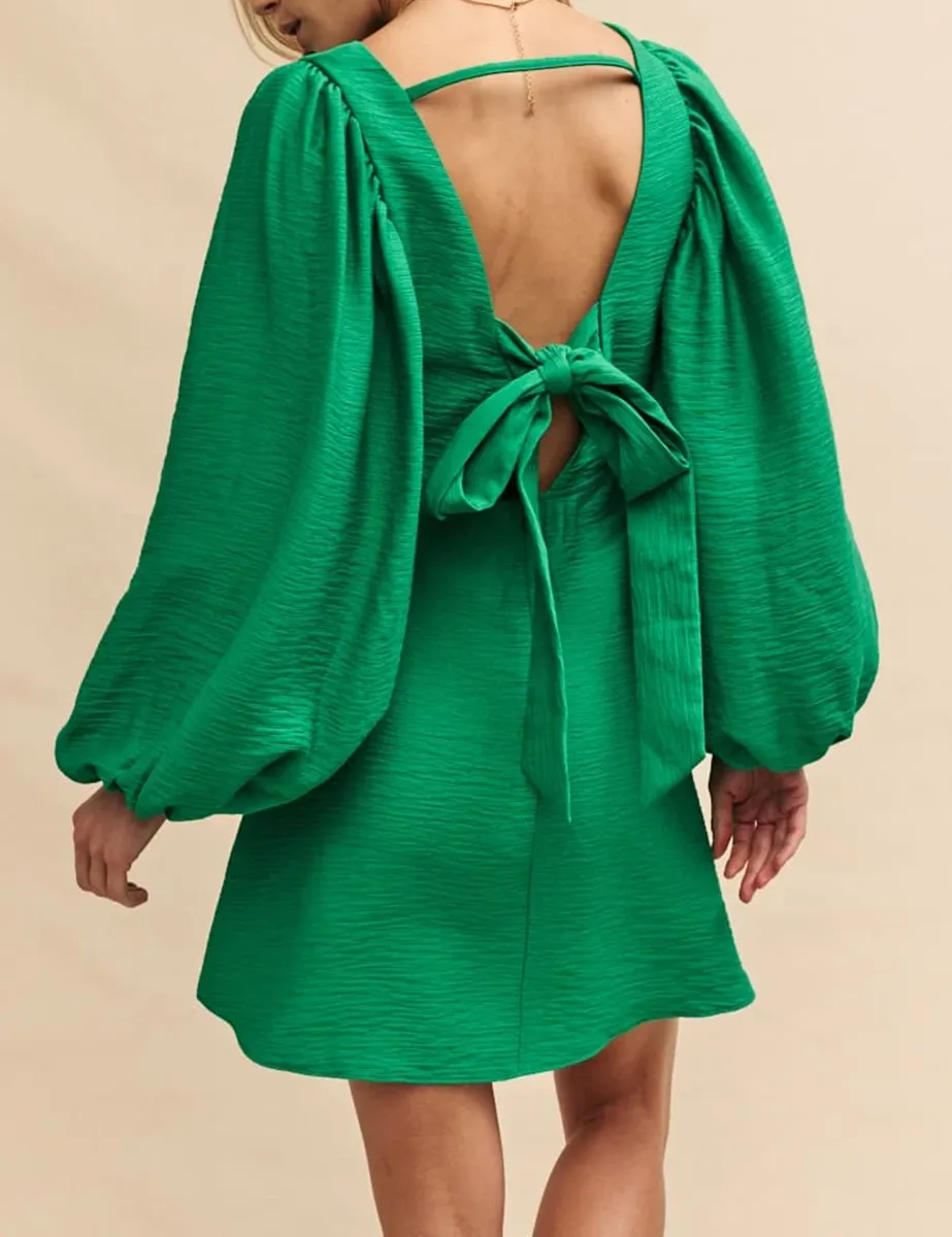 Green Textured Puff Sleeve Mini Dress
