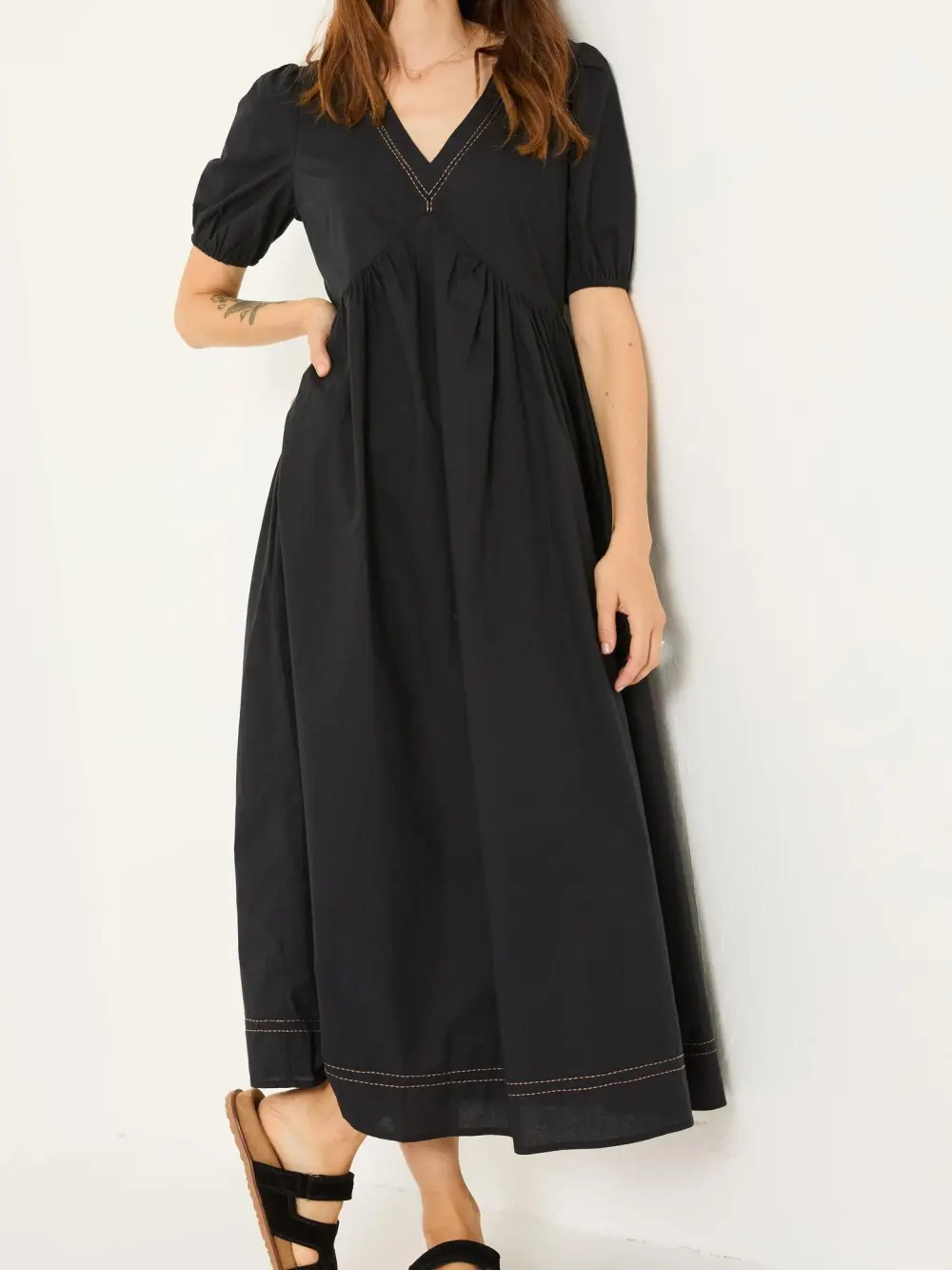 Black Embroidered Cotton Midi Dress