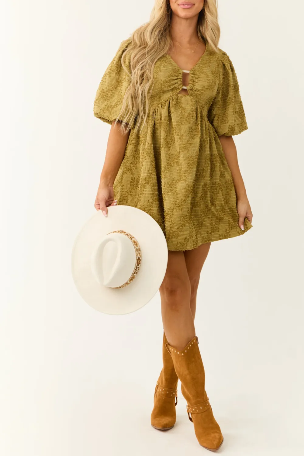 Olive Textured Half Puff Sleeve Mini Dress