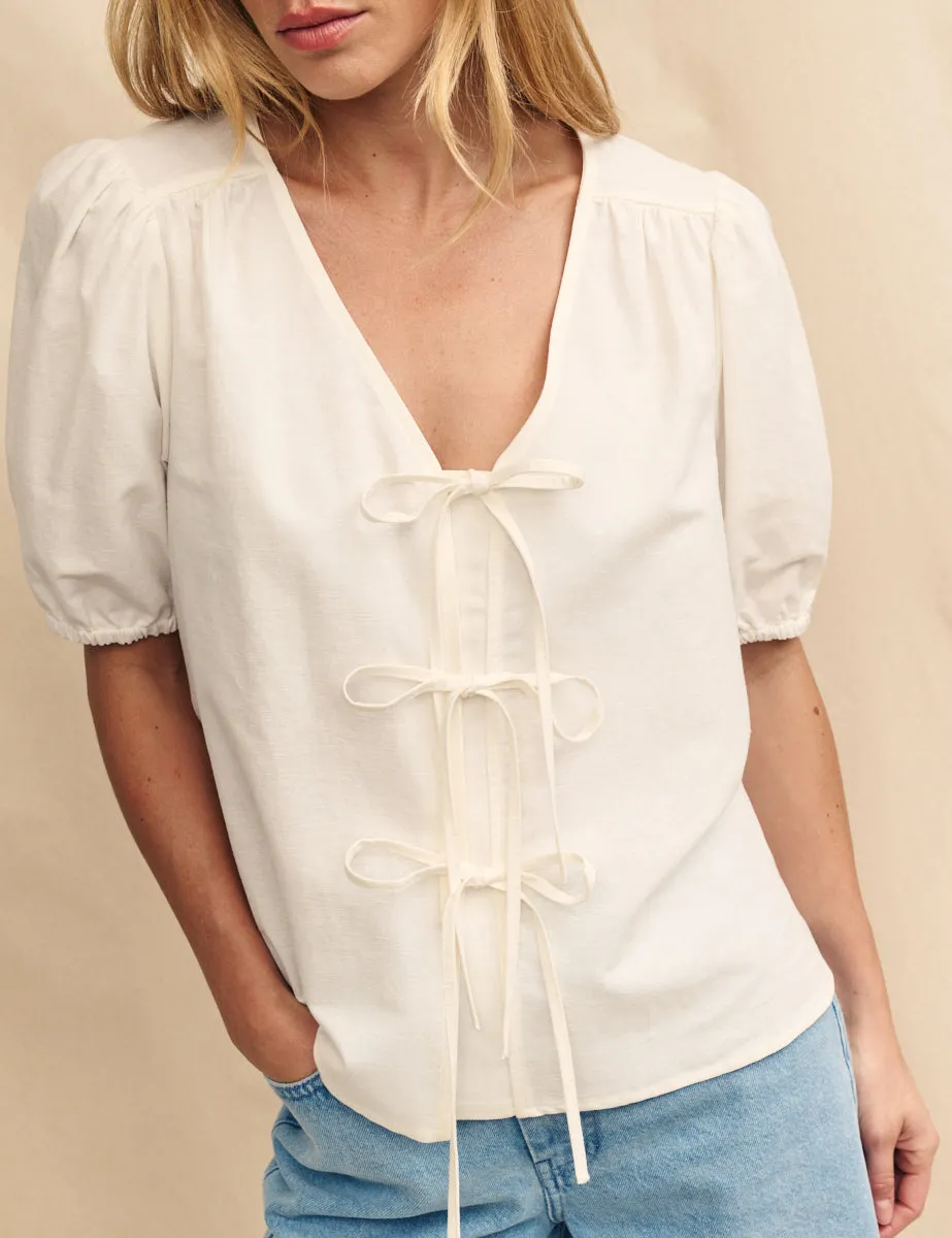 White Linen-blend Tie Front Blouse