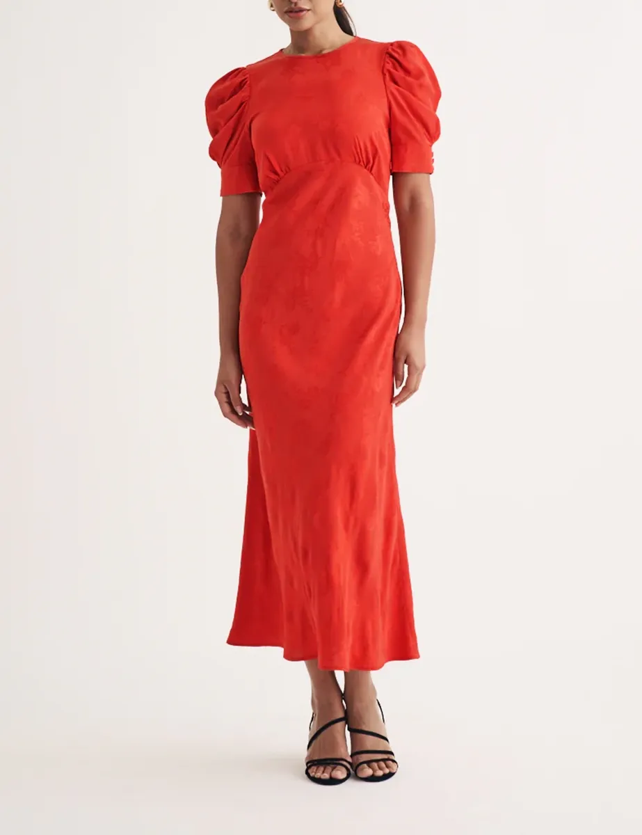 Red Brocade Puff Sleeve Midi Dress