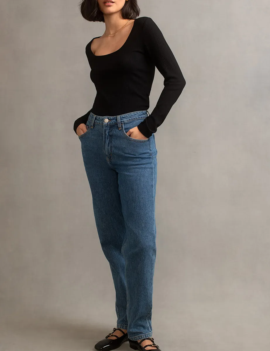 Mid Wash Blue High Rise Straight Leg Denim Jeans