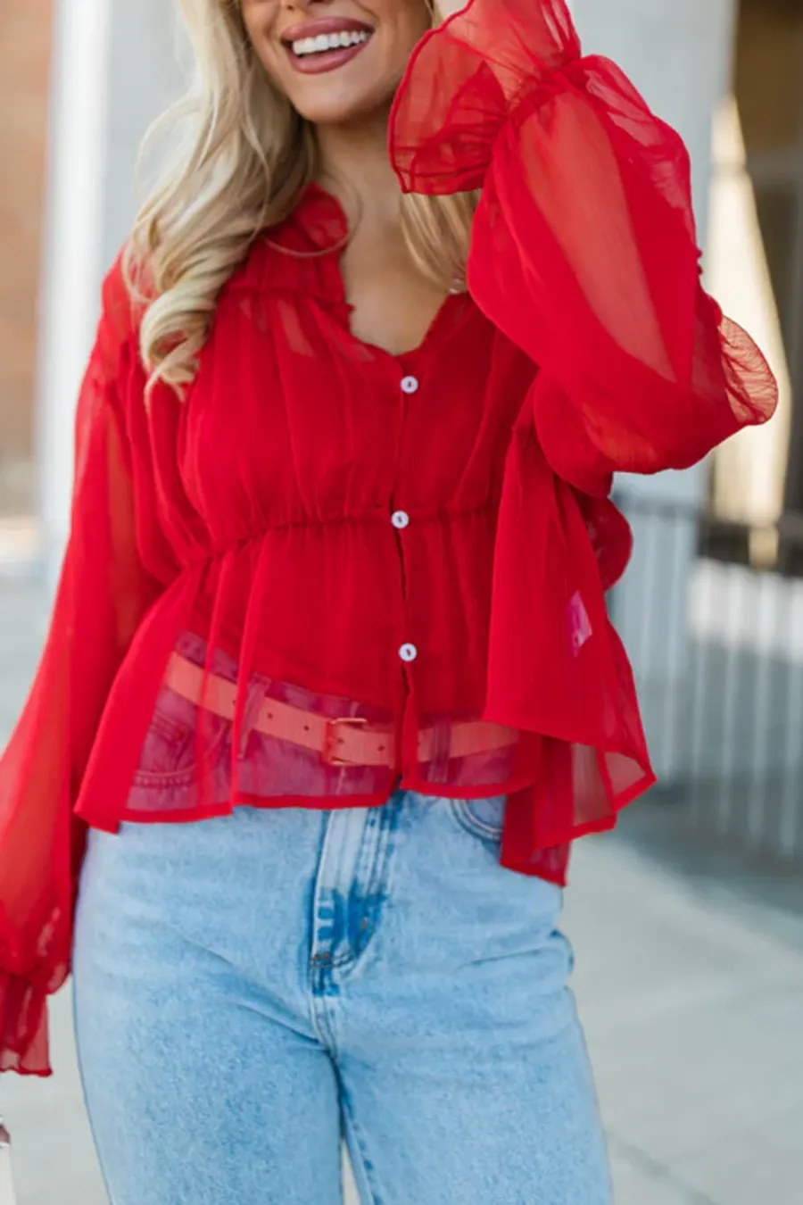 Red Sheer Ruched Blouse