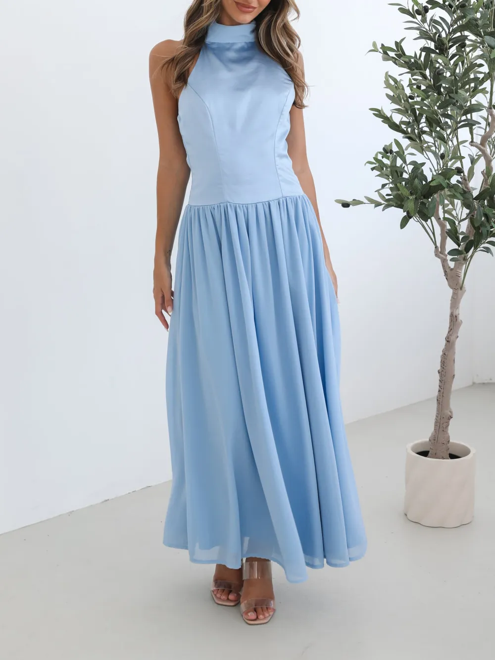 Blue Casual Style Halter Neckline Dress