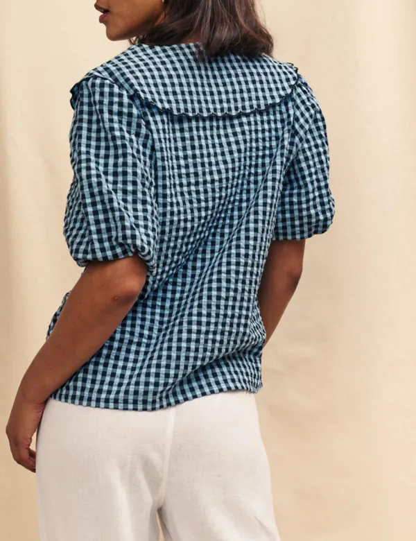 Blue Gingham Bow Front Blouse