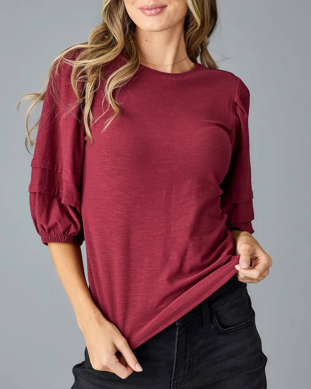 Wine Red Ruffled Three Quarter Sleeves Blouse