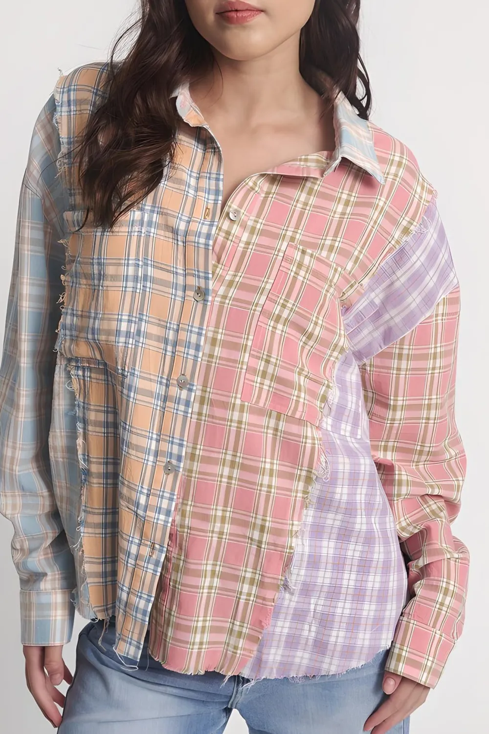 Personal Color Contrast Multi Check Long-Sleeved Shirt