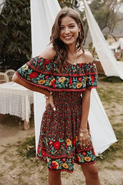 Boho Print Cut Ruffle Accented Pleated Short Dress