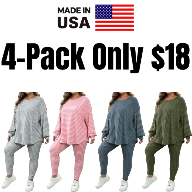 Plus Size Women's Autumn-Winter Ribbed 2pc Drop Shoulder Set