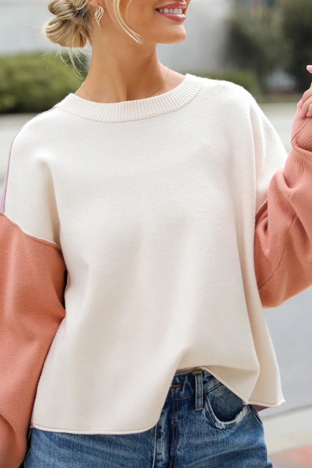 Complete Sophisticate Cream Color Block Sweater