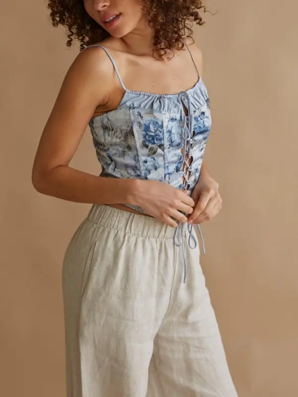 Delphine Lace Up Floral Satin Corset Top