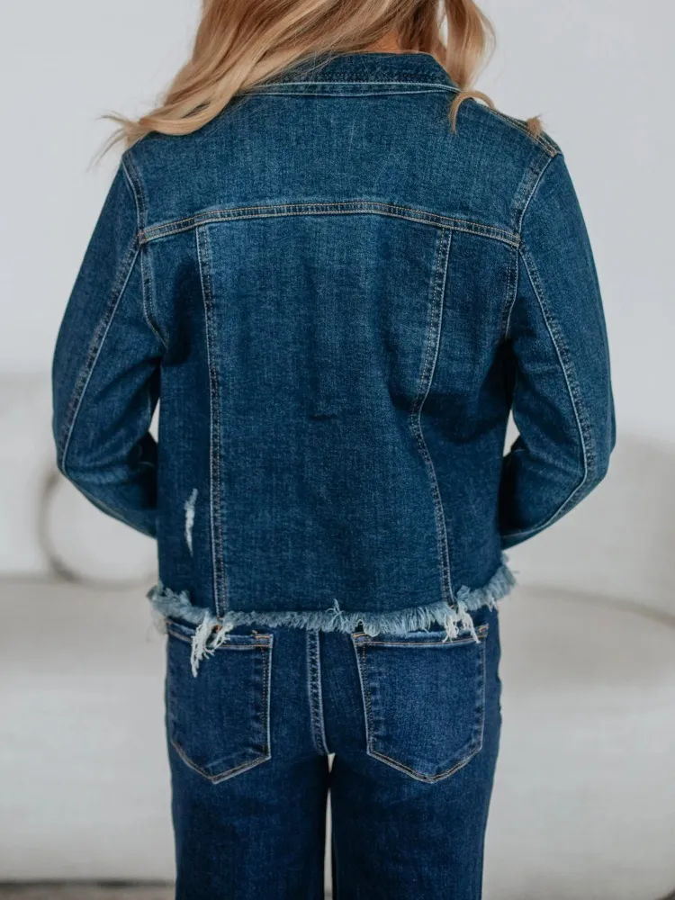 Distressing Button Up Cropped Jacket