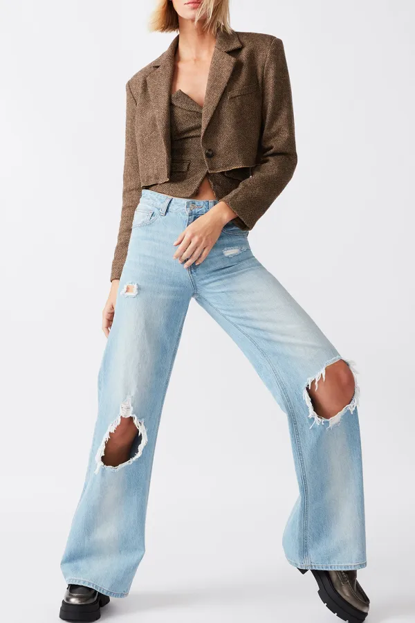 V Neck Cropped Blazer Brown