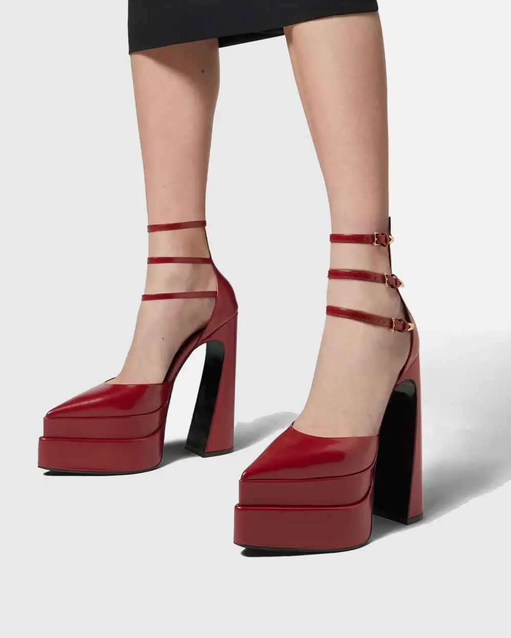 Leather Ankle Strap Platform Heels in Red