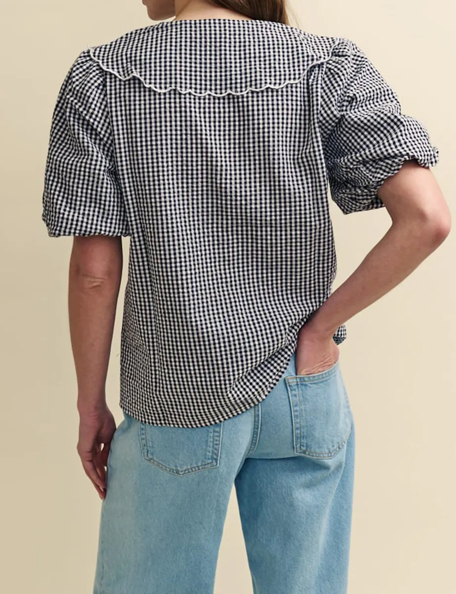 Black Gingham Pan Collar Short Sleeve Blouse