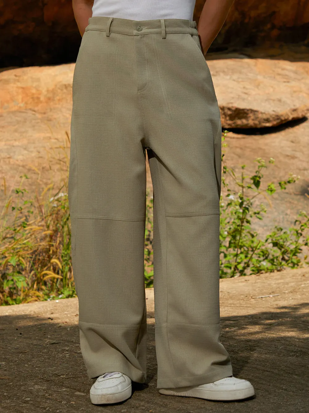 Beige Panelled Baggy Cargo Trousers