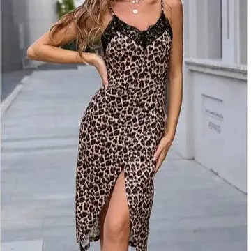 Leopard Spaghetti Strap Lace V-Neck Dress