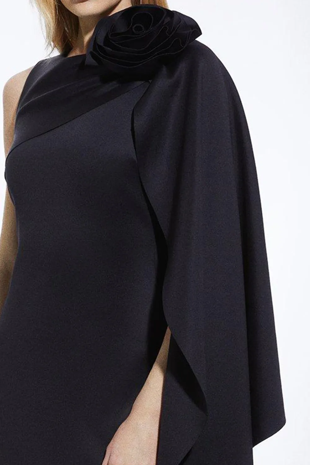 Scuba Crepe Dramatic Rosette Woven Cape Midi Dress