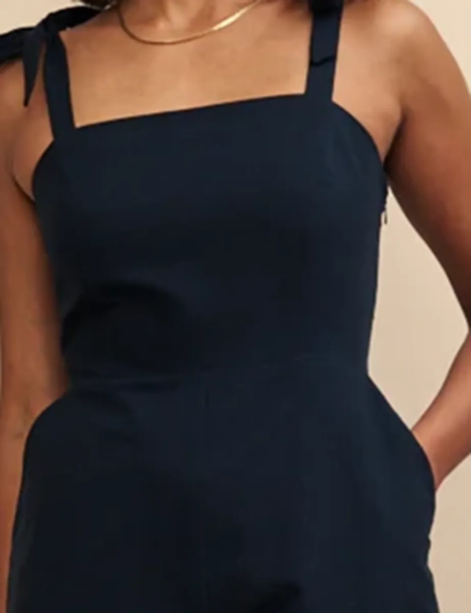 Black Linen-blend Shirred Back Playsuit