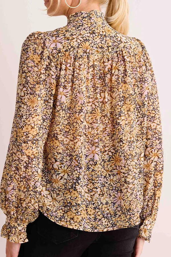 Neutral Floral Print Stand Collar Long Sleeve Blouse