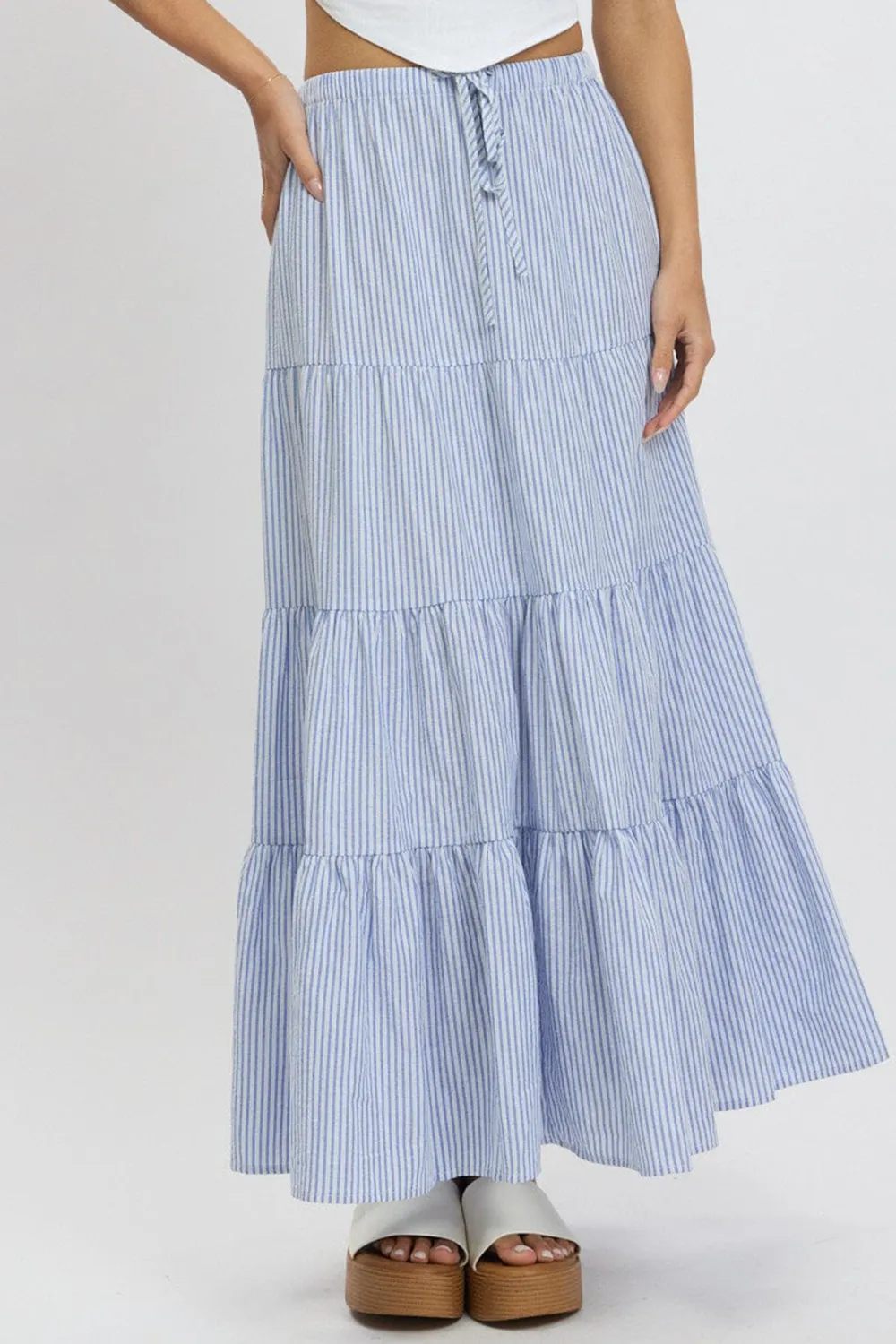 Blue Stripe Maxi Skirt Tiered High Rise Elastic Waistband