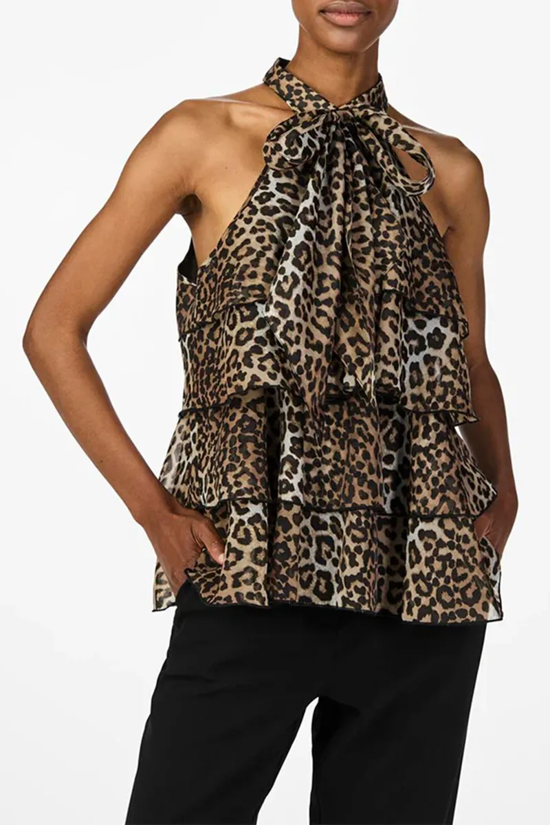 Leopard Tie Neck Tiered Halter Tops