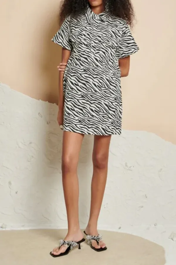 Zebra Print Collared Short Sleeve Dresses