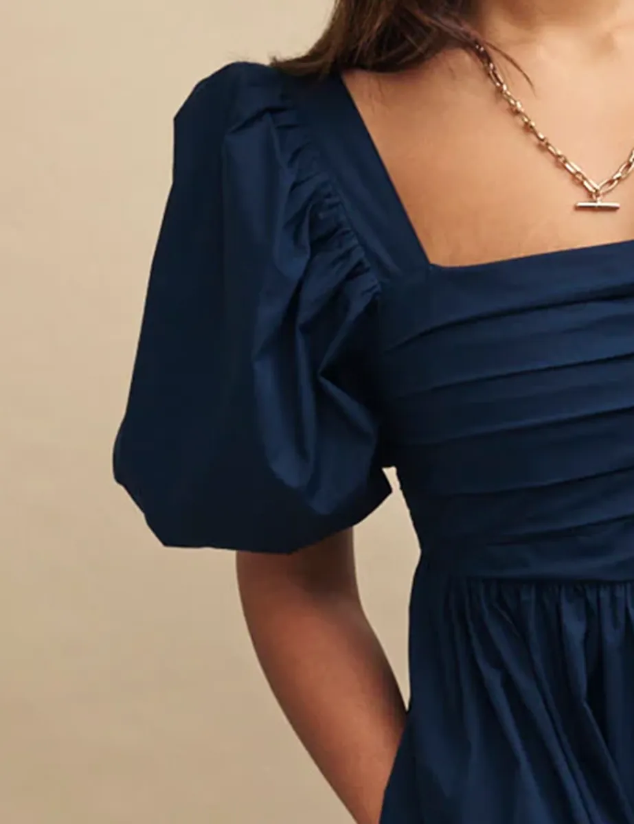 Navy Blue Ruched Bodice Midi Dress