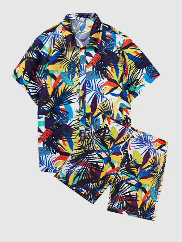 Men'S Hawaiian Print Short-Sleeved Casual Button-Front Resort Shirt + Casual Shorts Two-Piece Set