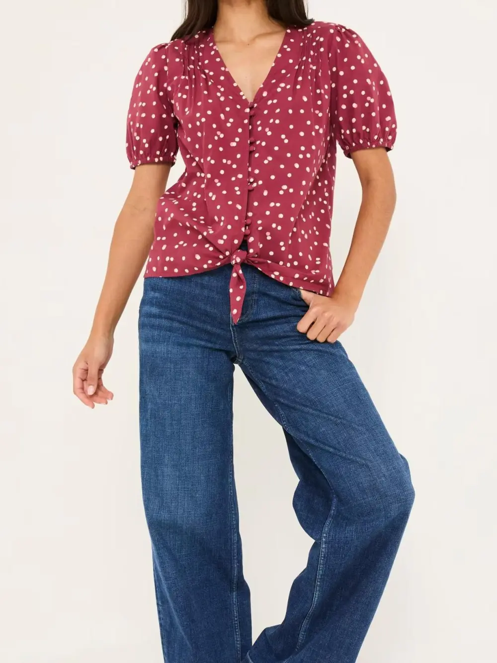 Burgundy Button Mixed Media Blouse