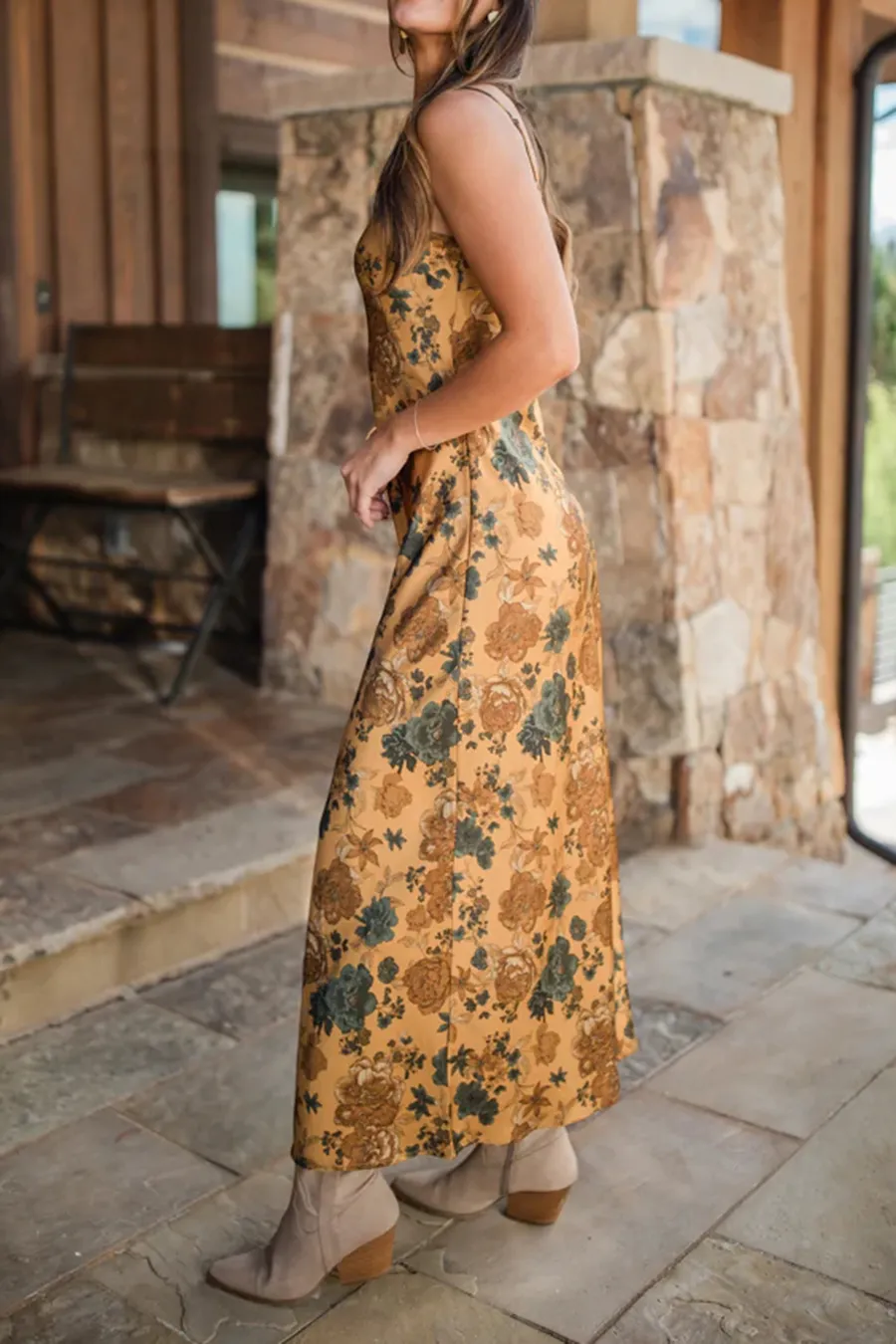 Mustard and Teal Satin Printed Slip Dress