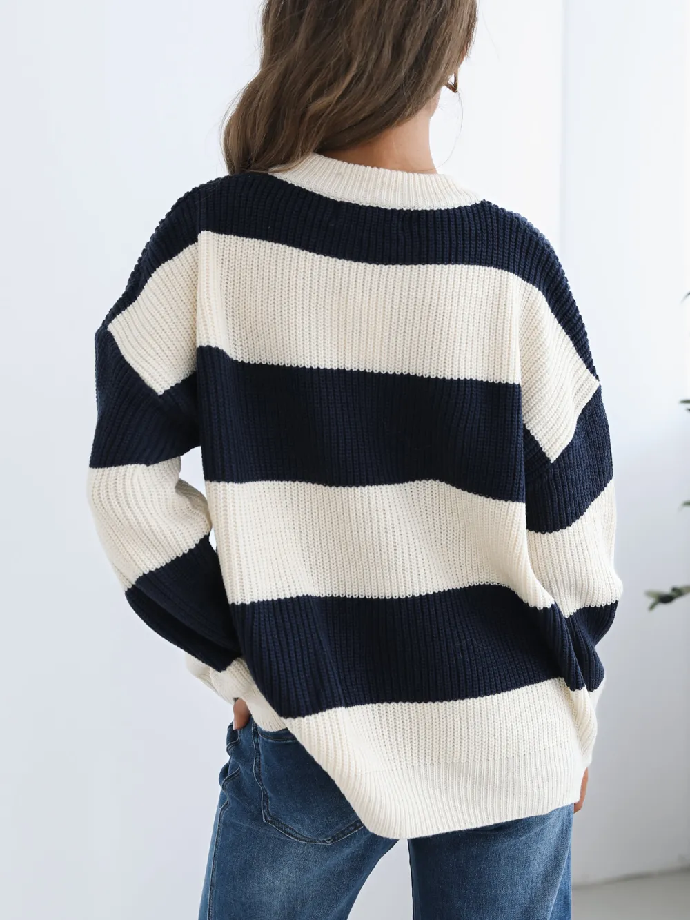 Navy Multi Casual Style Crew Neck Knit