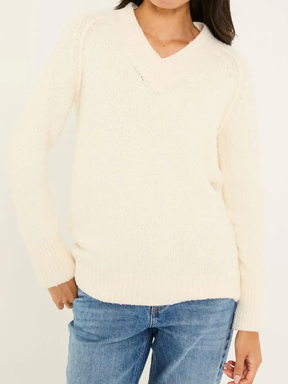 Ivory Casual V-Neck Sweaters