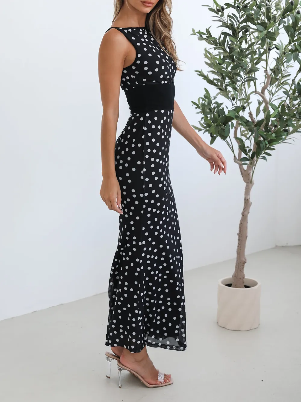 Boat Neckline Navy Spot Dress