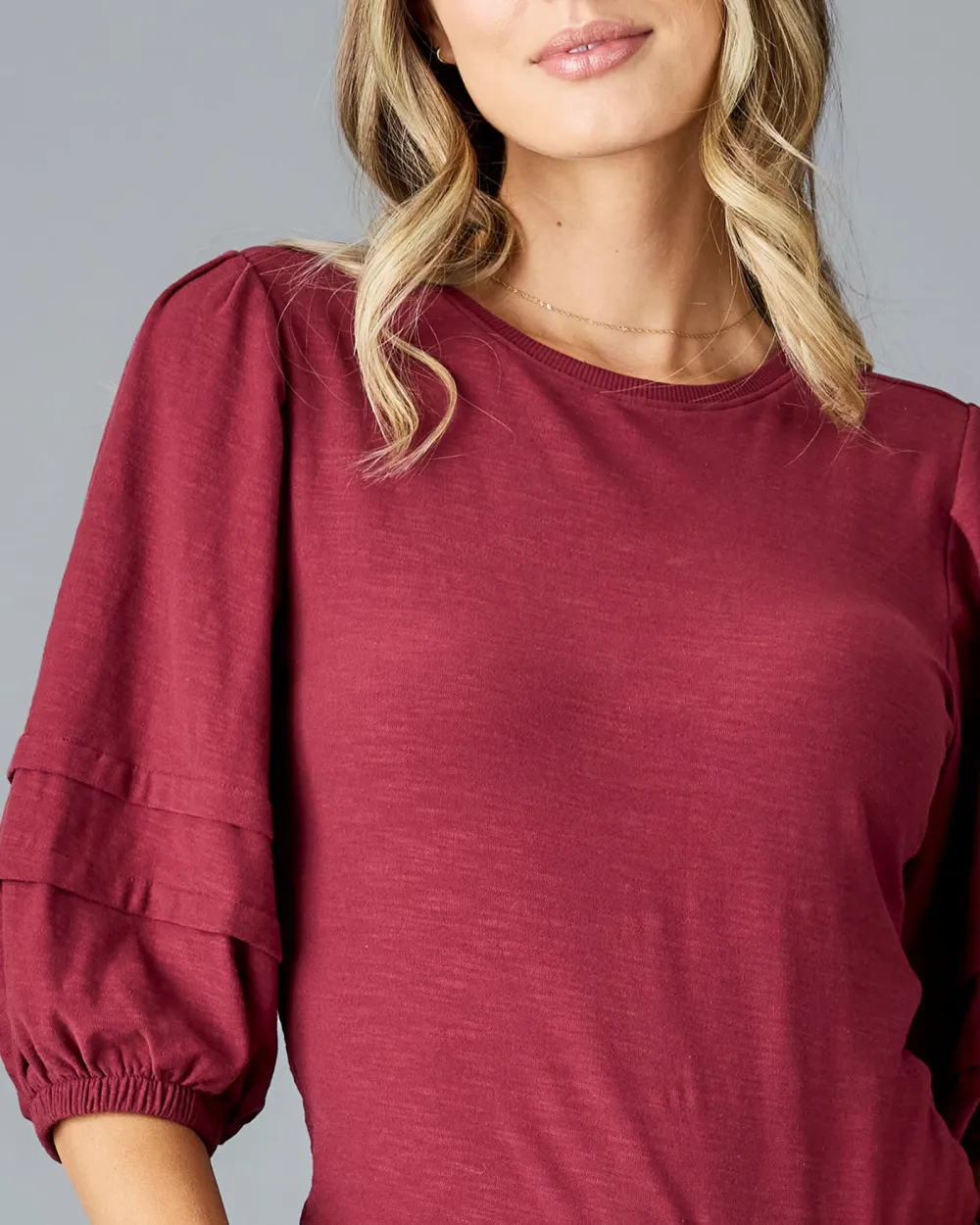 Wine Red Ruffled Three Quarter Sleeves Blouse