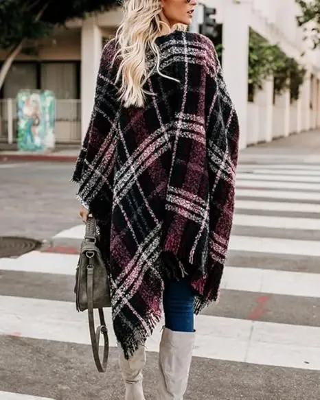 🎁Christmas Gifts🎁Women's Warm Plaid Poncho - Boho Open Front Shawl Wrap with Tassel