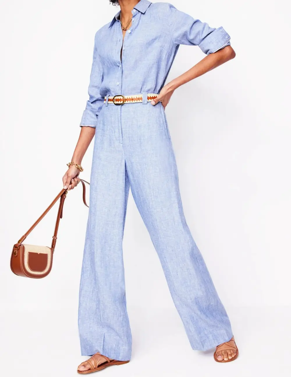 Light Blue Linen Wide - Leg Trousers