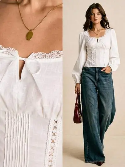 Lace Bow Pleated Blouse